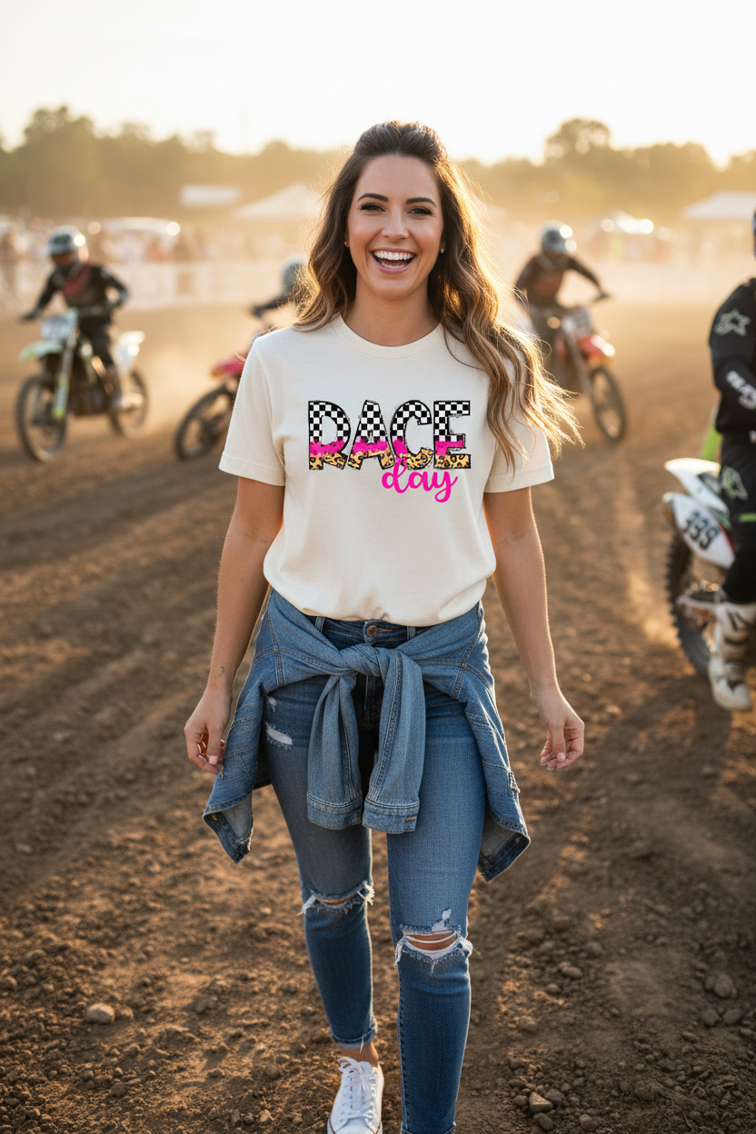 Woman at motocross event wearing ivory Race Day tee