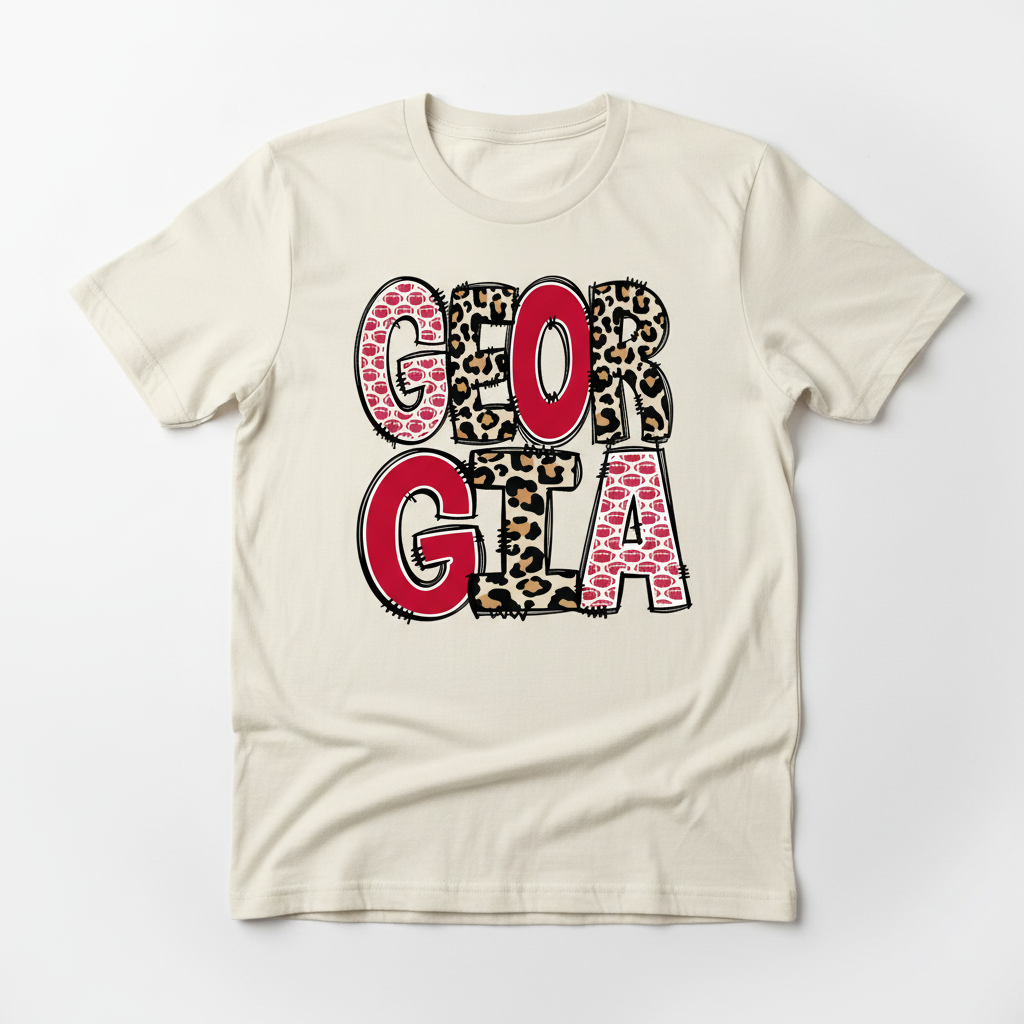 Georgia leopard football letters ivory tee flat lay