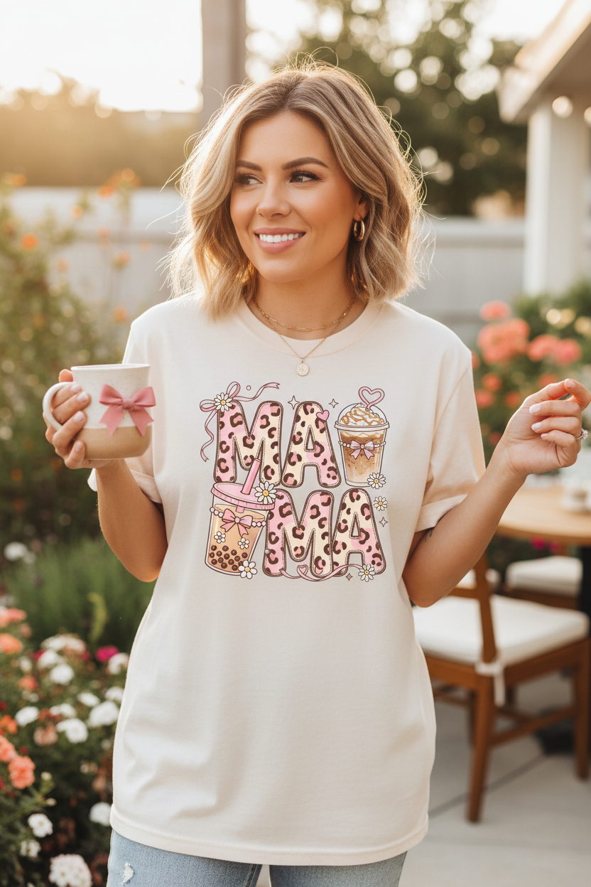 Woman wearing Leopard MAMA Coffee T-Shirt in ivory in a fun casual outdoor lifestyle photo