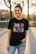 Woman wearing Overthinker IDGAFER T-Shirt in black in a fun casual outdoor lifestyle photo