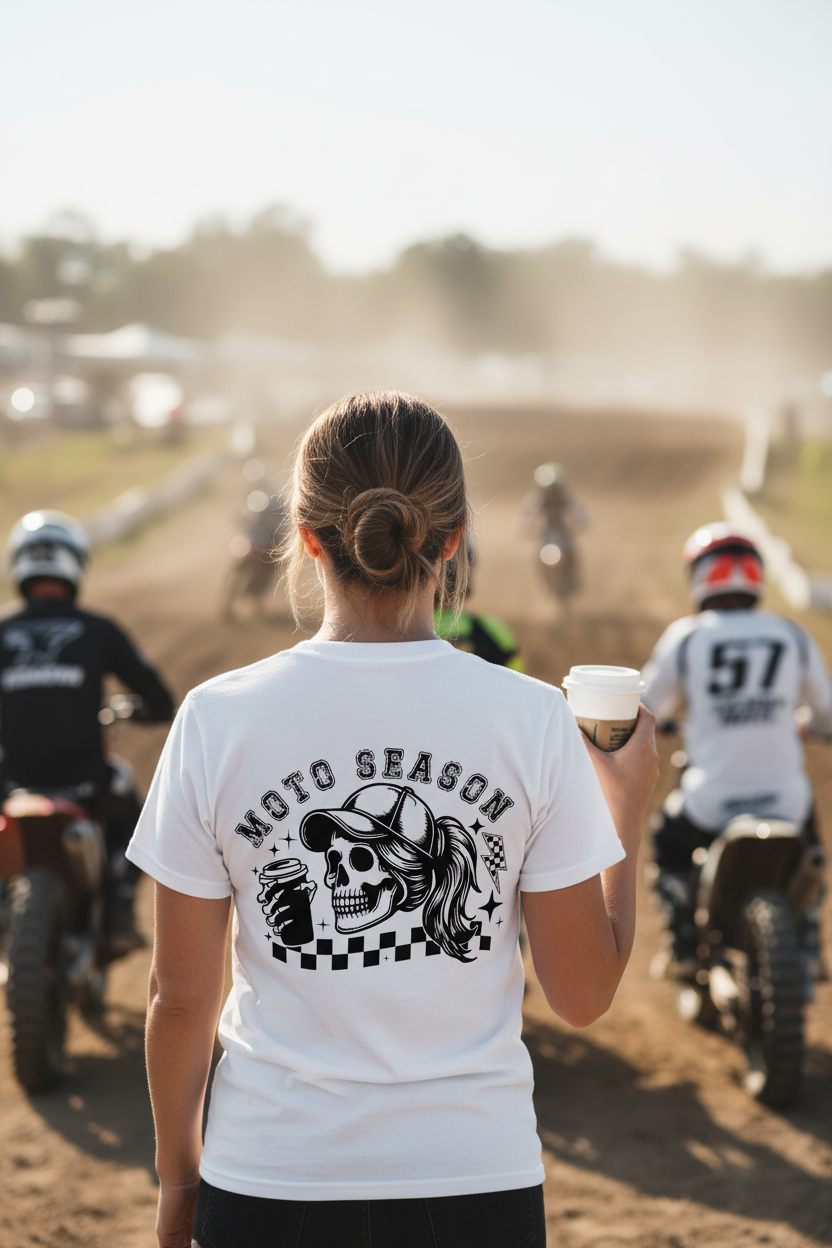 Woman wearing Moto Season Moto Mom tee showing full back print at motocross event