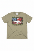 Tattered Flag Camo Leopard T-Shirt flat lay on sand khaki tee