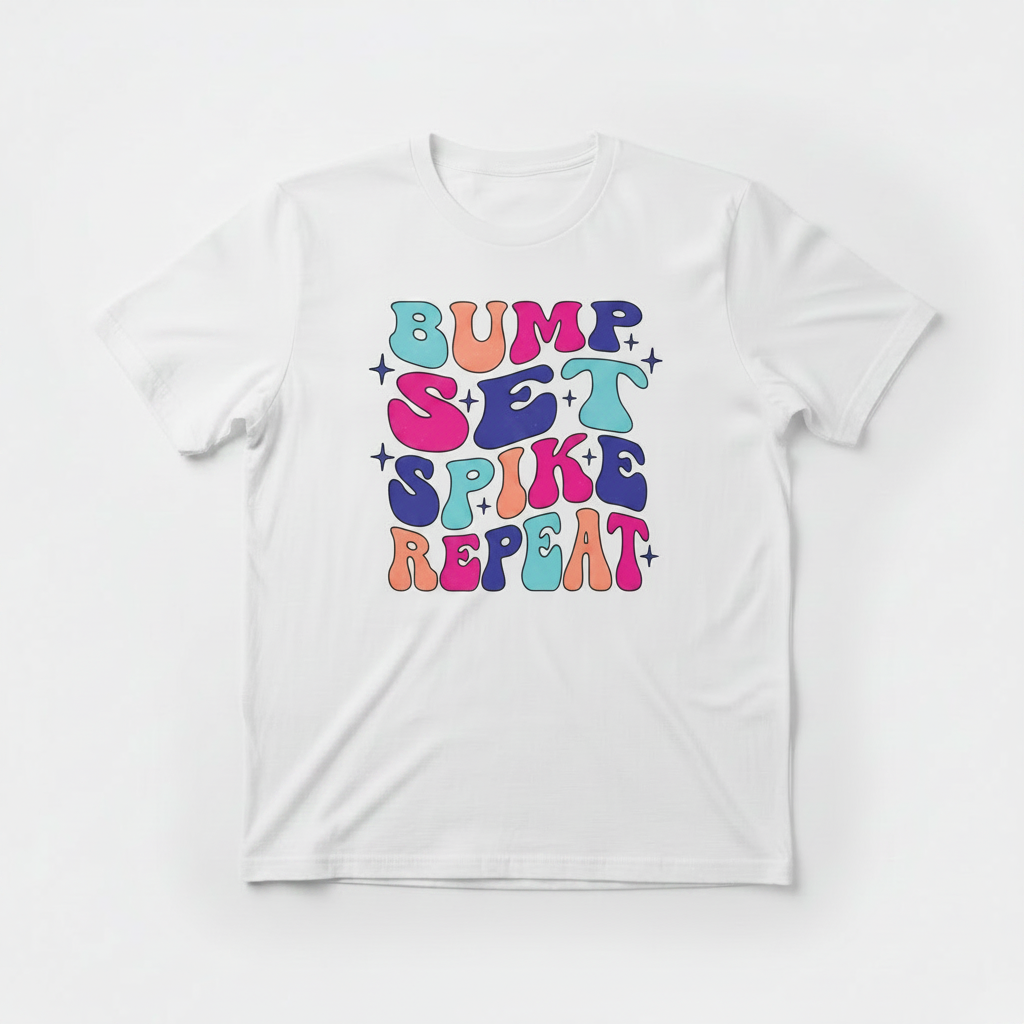 Bump Set Spike Repeat pastel rainbow flat lay