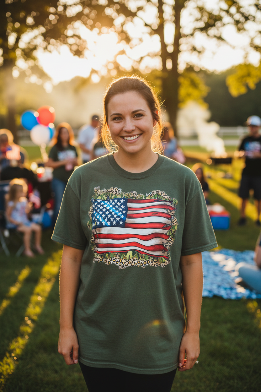 Woman wearing Tattered Flag Camo Leopard T-Shirt in military green at a sunny 4th of July celebration
