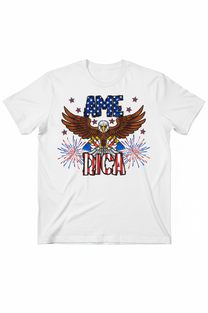 America Eagle Fireworks T-Shirt flat lay on white tee showing full eagle and fireworks graphic