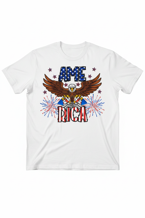 America Eagle Fireworks T-Shirt flat lay on white tee showing full eagle and fireworks graphic
