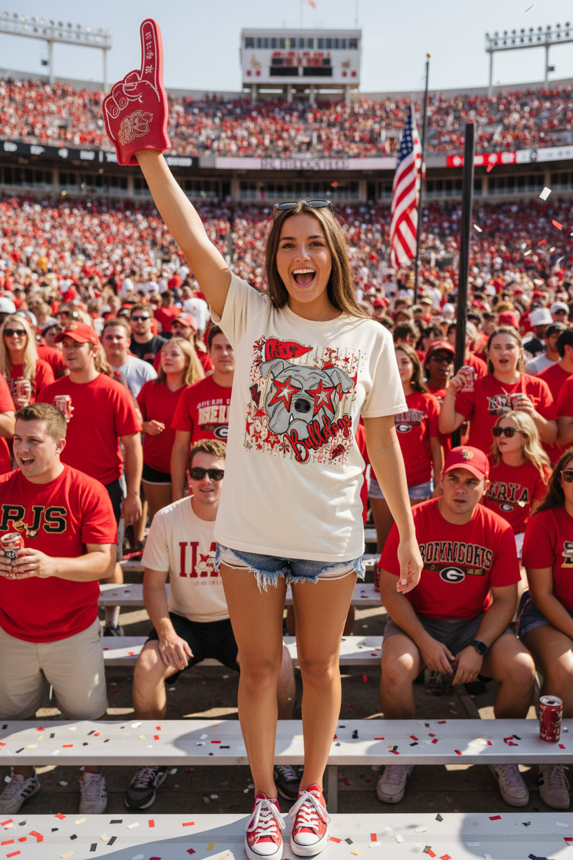 Woman at college football game wearing Let's Go Bulldogs star shades ivory tee