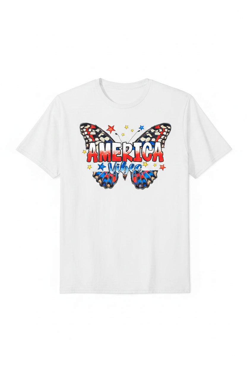 America Vibes T-Shirt flat lay on white background showing butterfly and America Vibes graphic