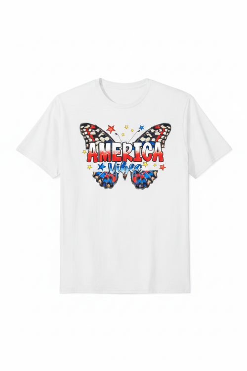 America Vibes T-Shirt flat lay on white background showing butterfly and America Vibes graphic