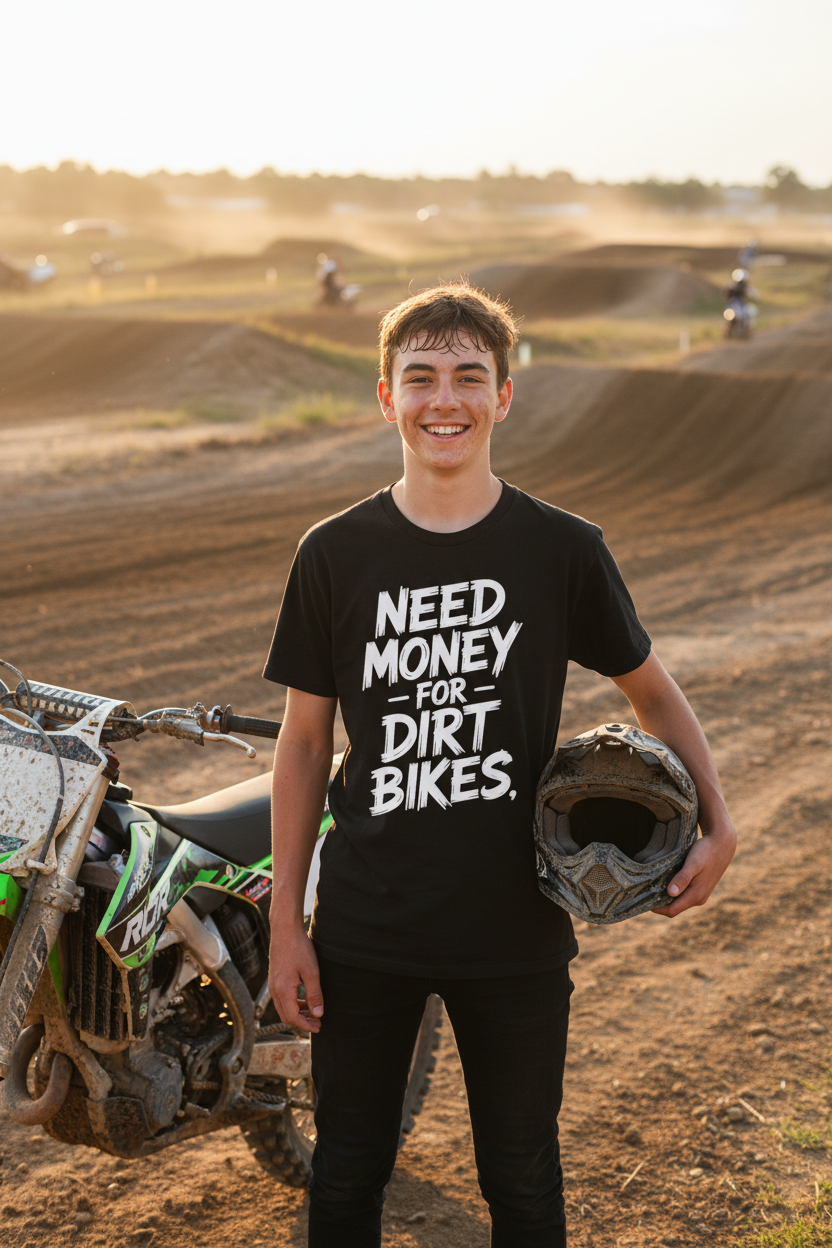 Cheeky kid wearing Need Money for Dirt Bikes black tee at motocross track