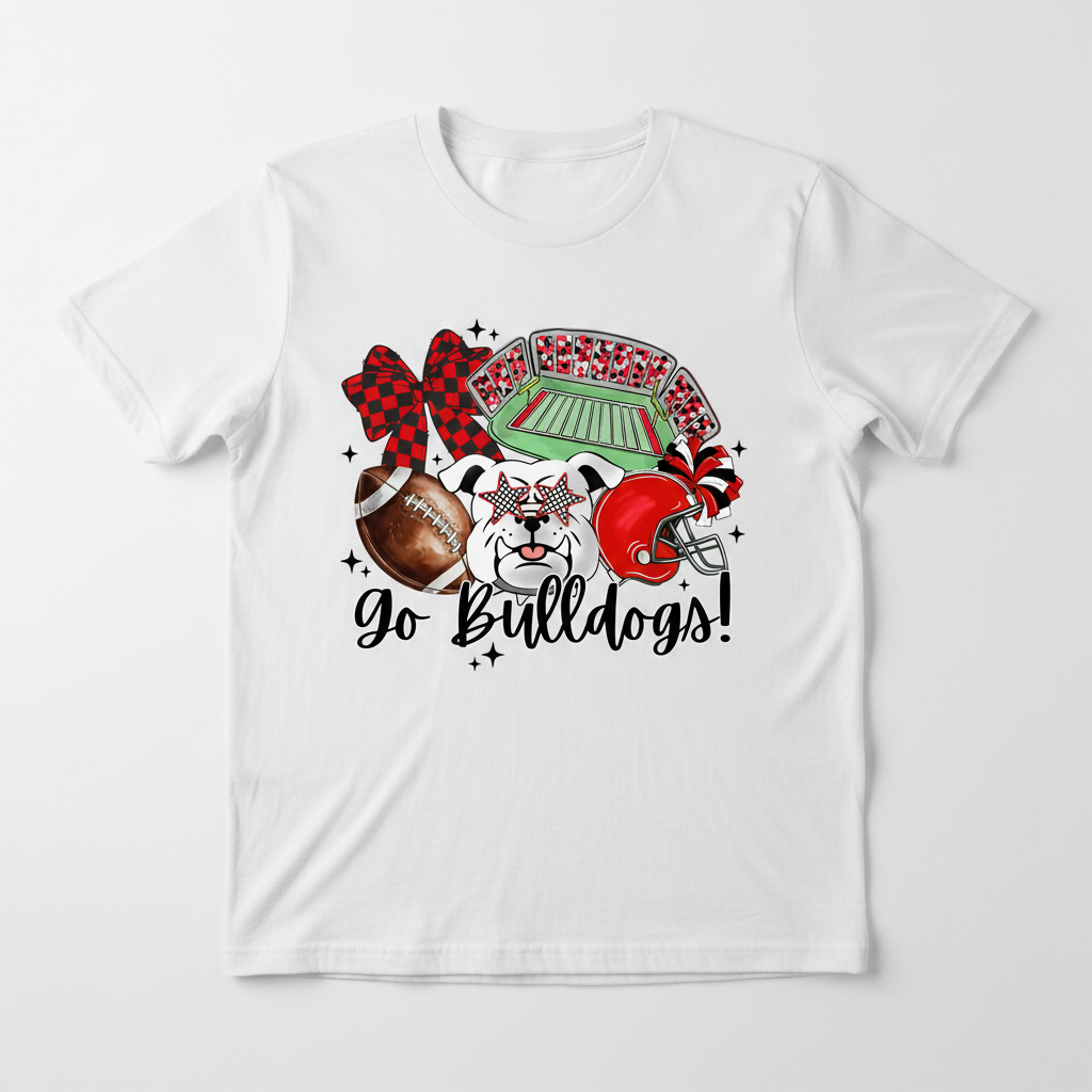 Go Bulldogs cute collage tee flat lay on white shirt