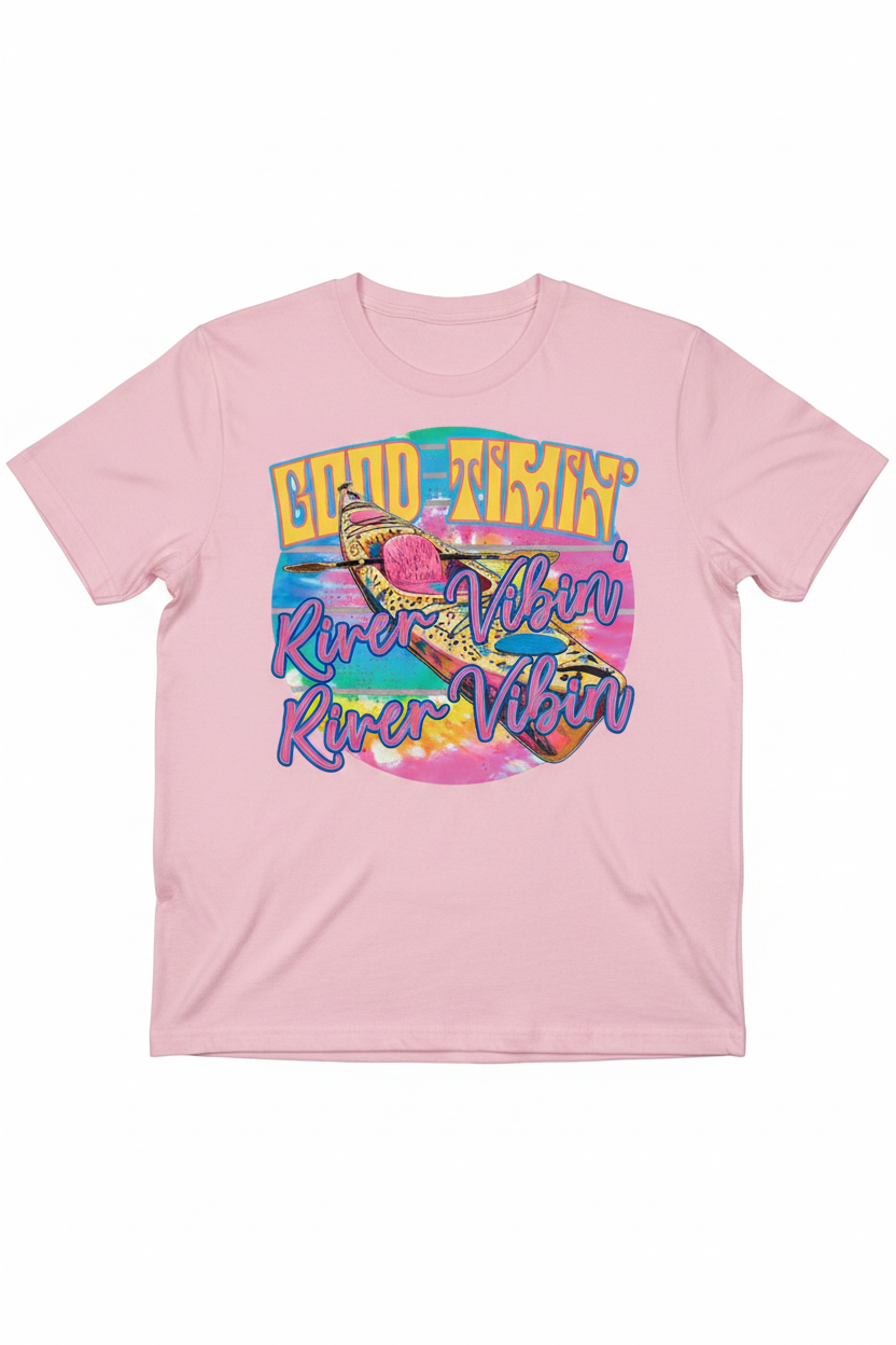 Good Timin' River Vibin' graphic on pink t-shirt