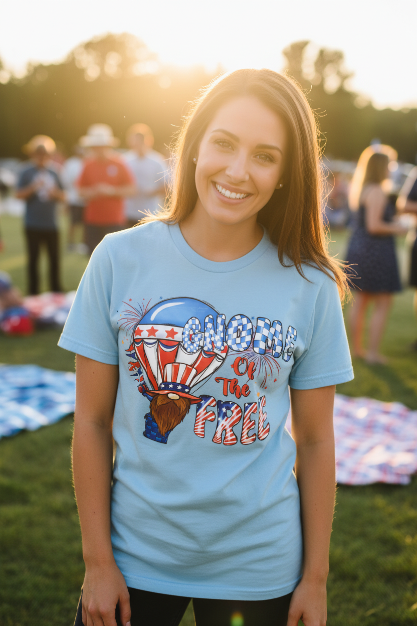 Woman wearing Gnome of the Free T-Shirt in light blue at a sunny 4th of July celebration