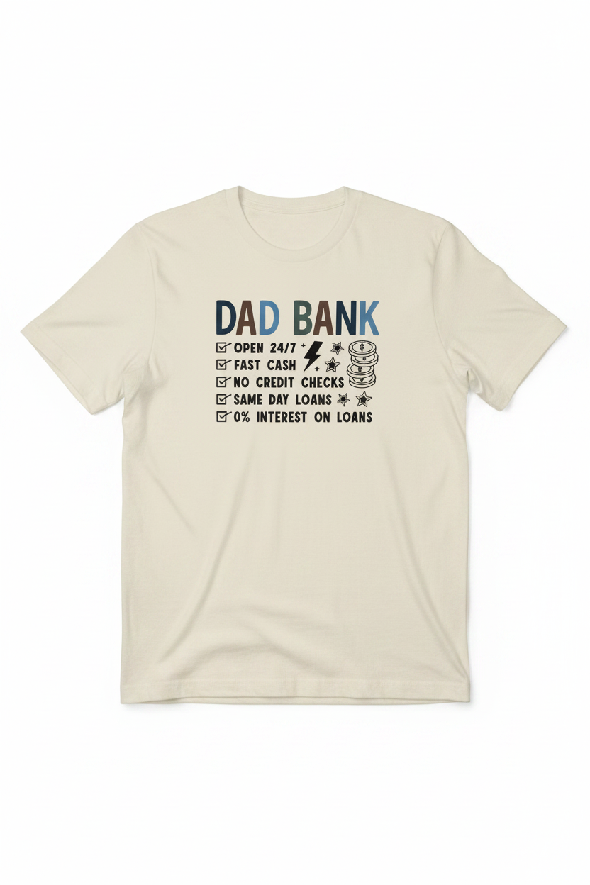 Dad Bank T-Shirt flat lay on white background showing checklist graphic