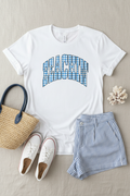 Beachin' gingham collegiate graphic on white t-shirt flat lay