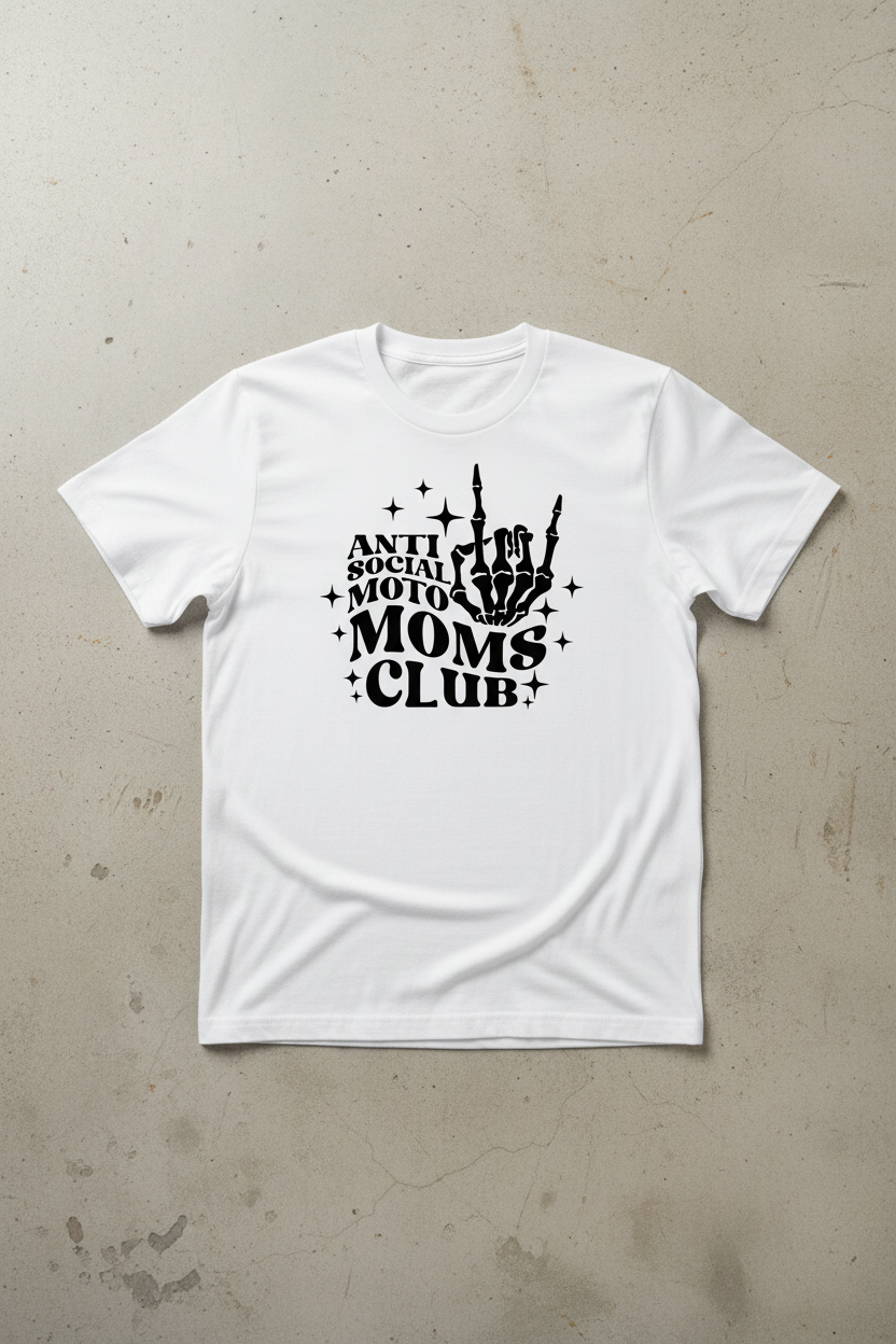 Anti Social Moto Moms Club black ink graphic on white t-shirt
