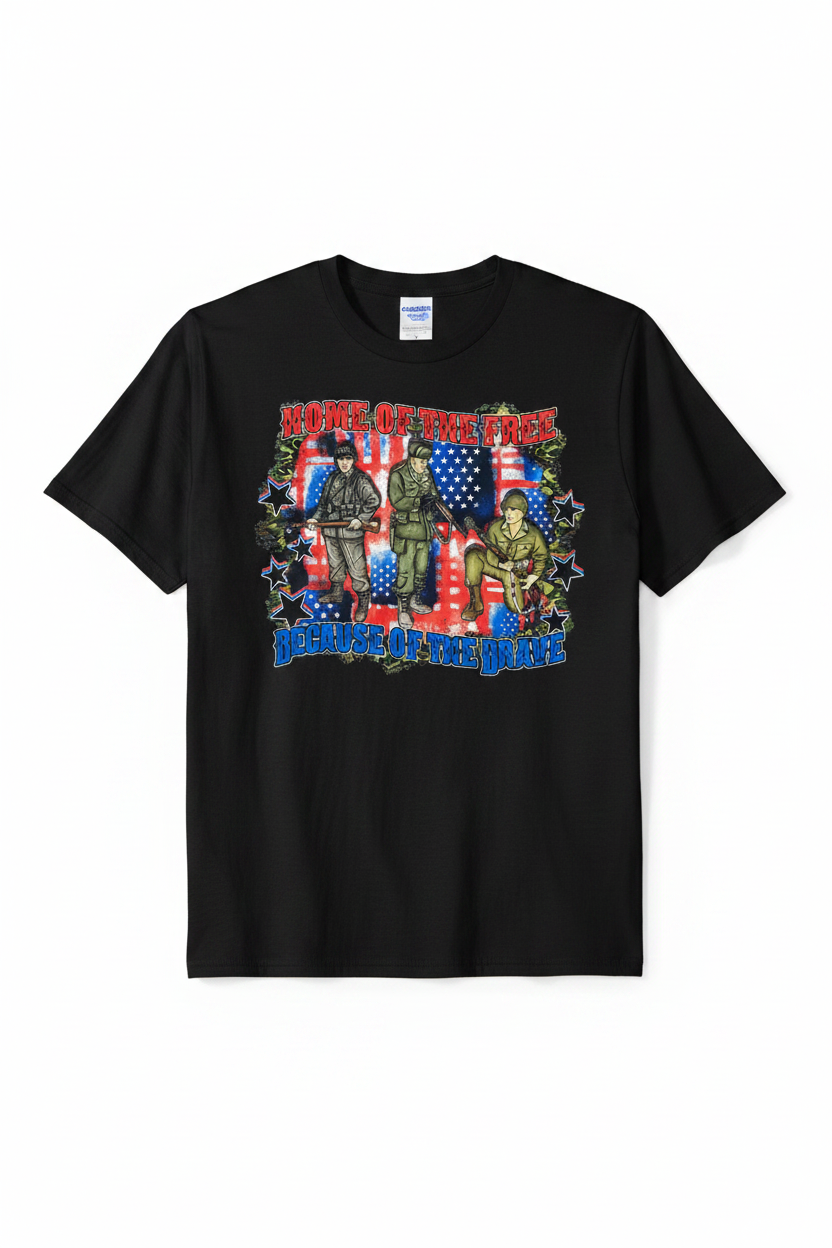 Home of the Free Because of the Brave T-Shirt flat lay on black tee