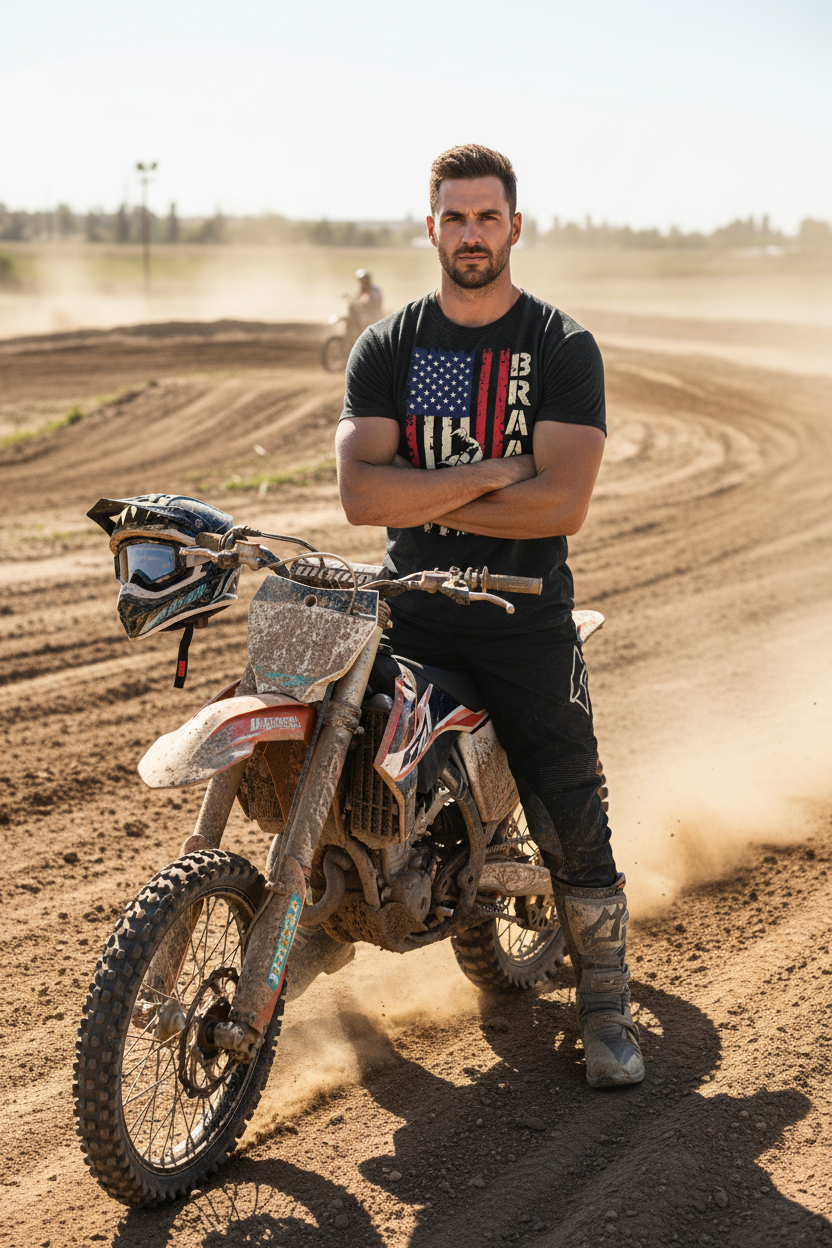 Rider wearing BRAAAP American flag dirt bike tee at motocross track