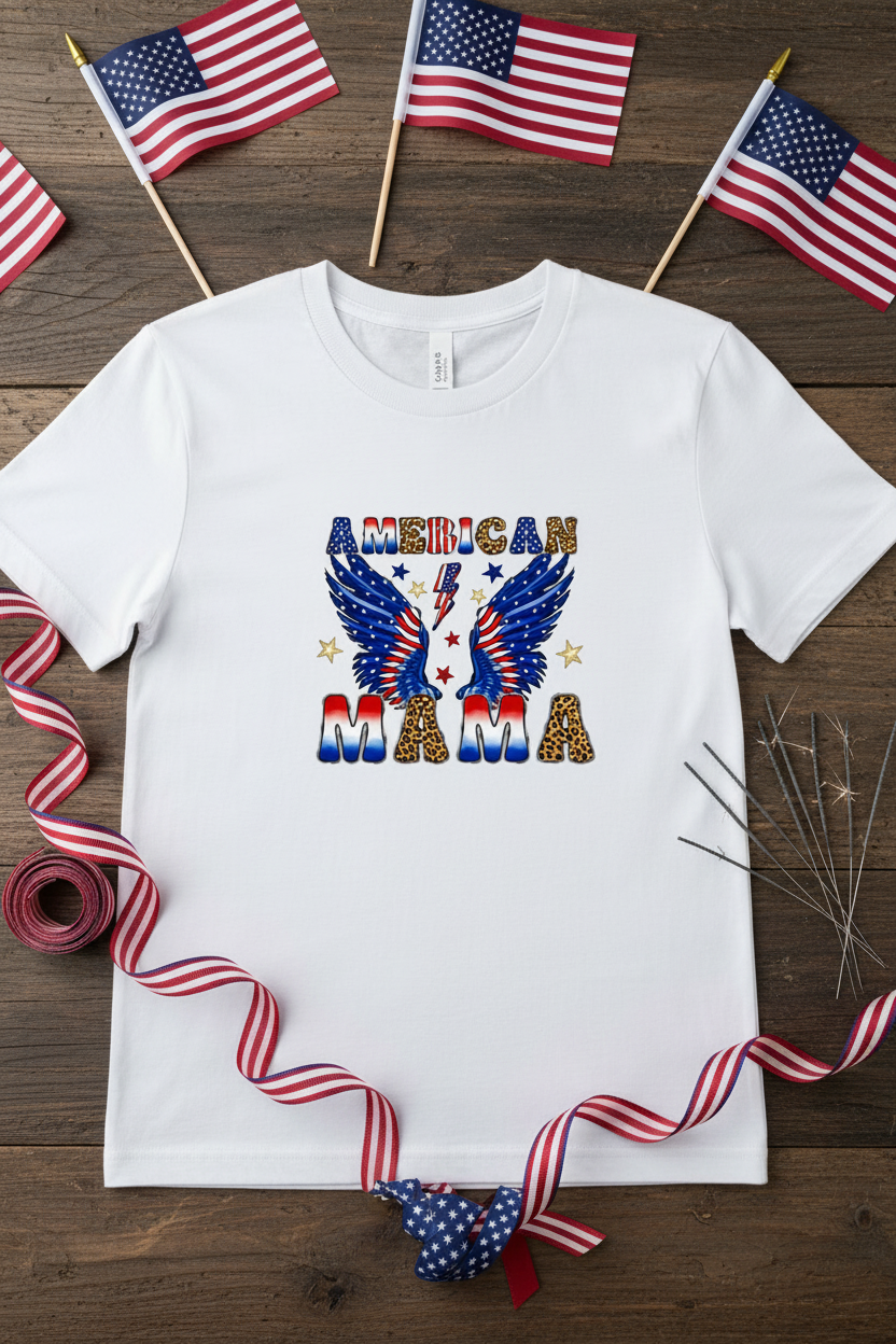 American Mama T-Shirt styled with American flags, ribbon, and sparklers on rustic wood