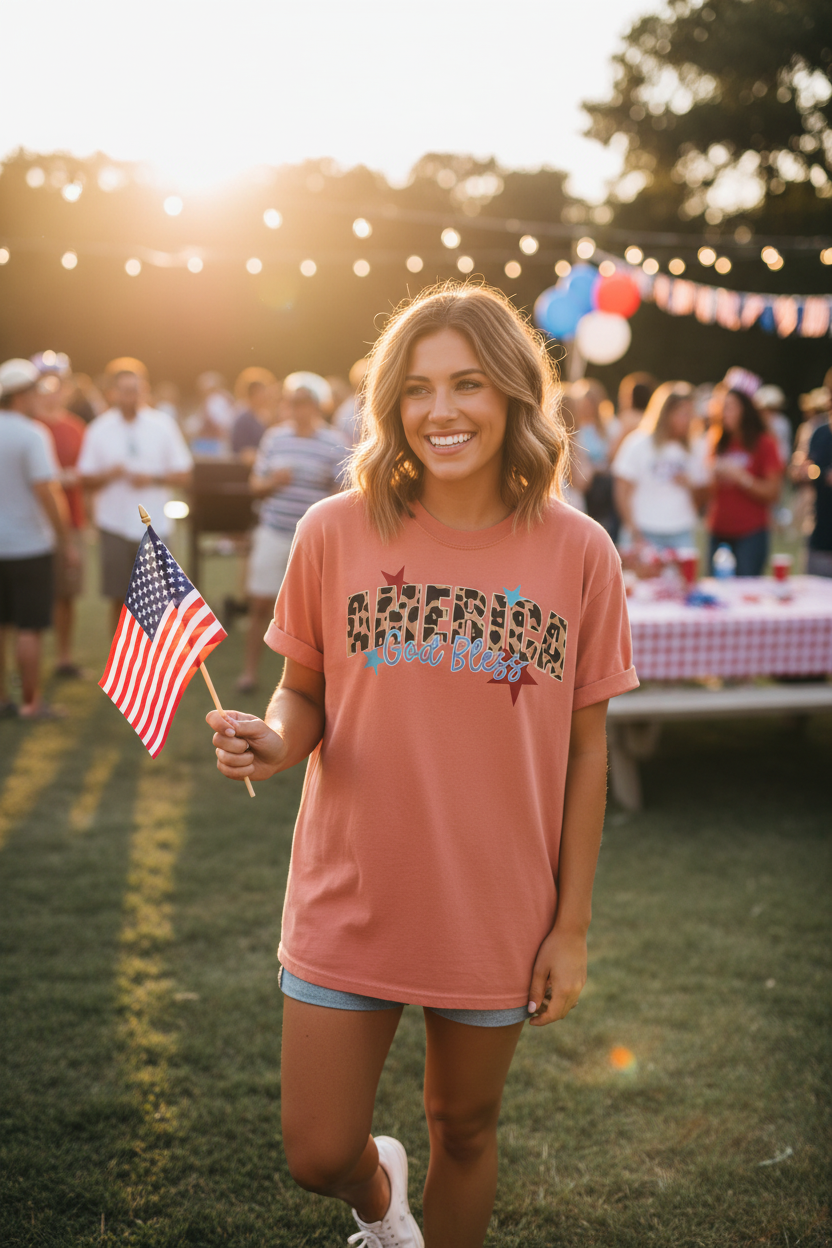 Woman wearing America God Bless Leopard T-Shirt at a sunny 4th of July celebration