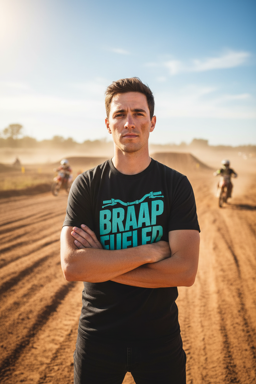 Rider wearing Braap Fueled black tee at outdoor motocross track