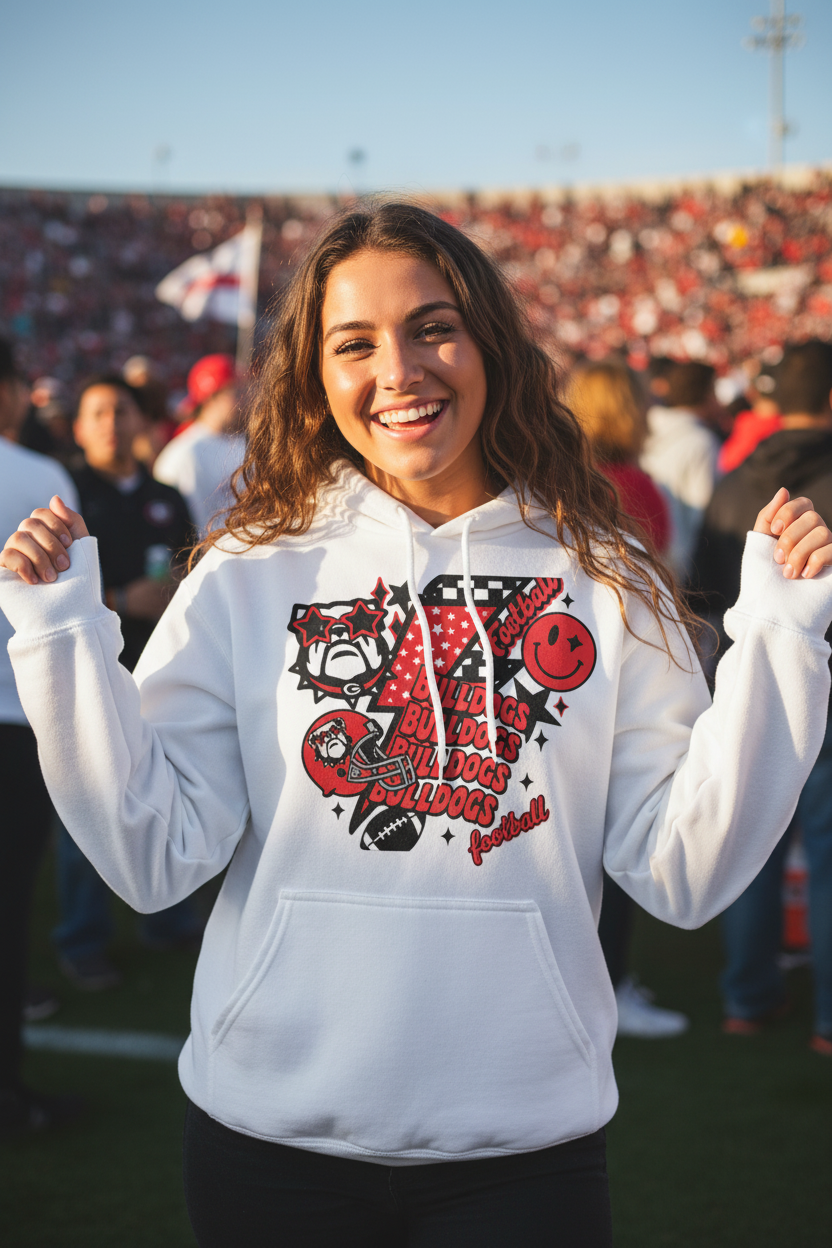 Woman at college football game wearing Bulldogs football collage hoodie