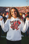 Woman at college football game wearing Bulldogs football collage hoodie