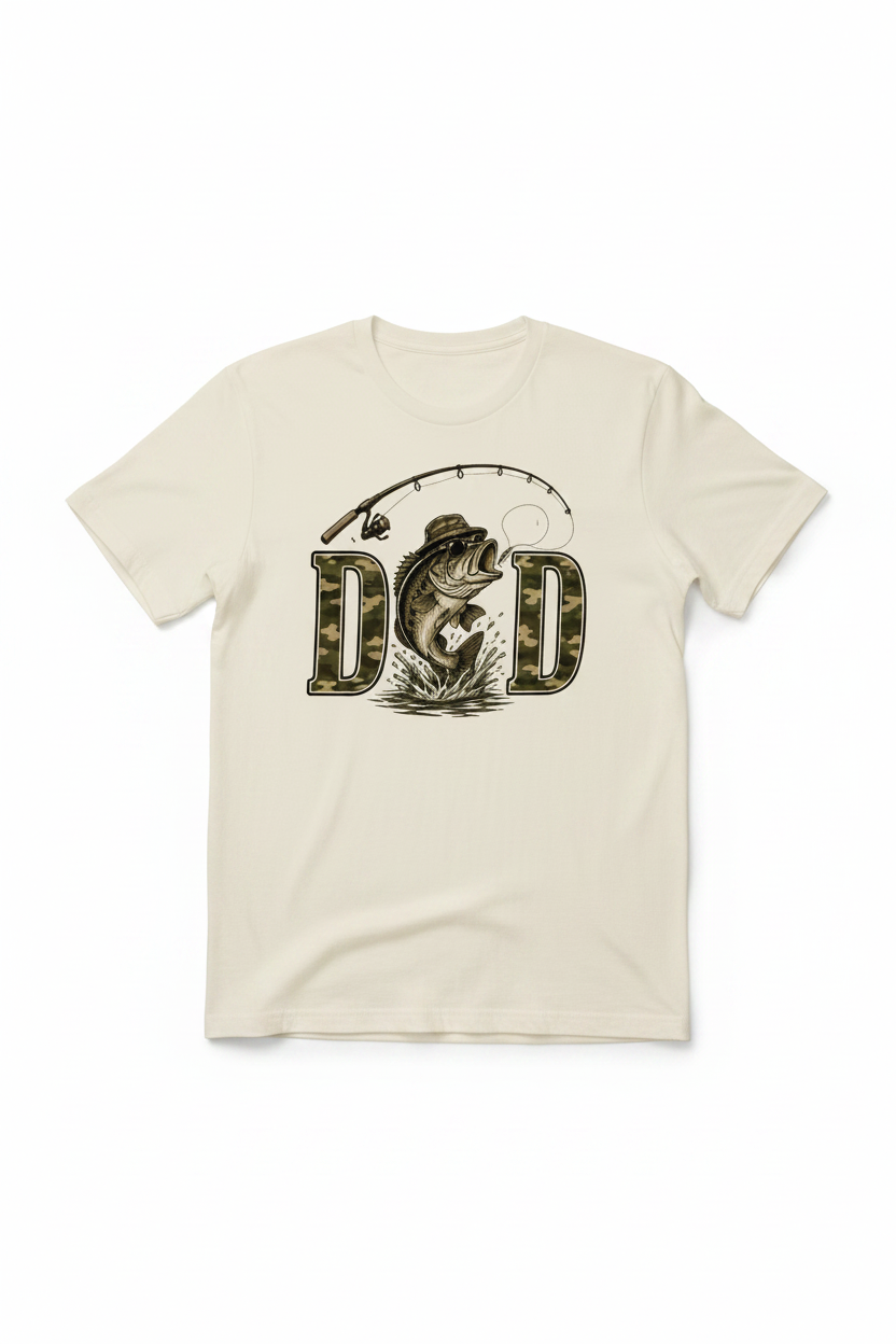 Camo DAD Fishing T-Shirt flat lay on white background showing camo detail