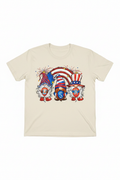 USA Gnome Rainbow T-Shirt flat lay on natural ivory tee showing three patriotic gnomes with rainbow