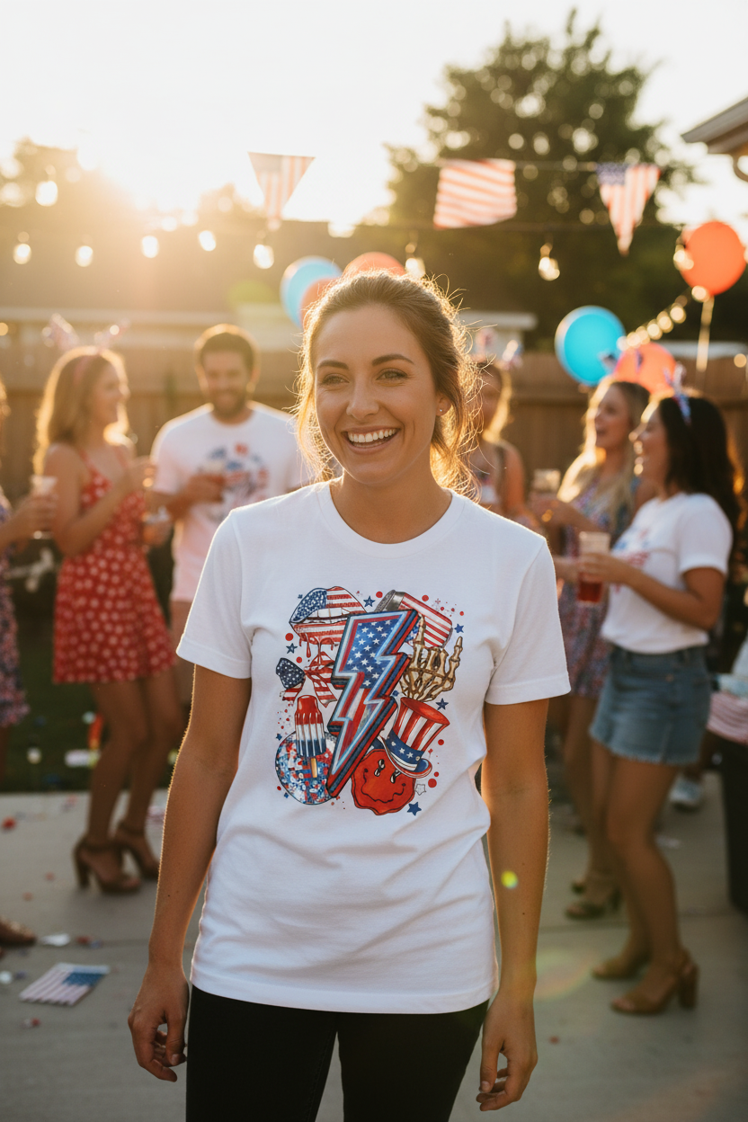 Woman wearing patriotic lightning bolt maximalist T-Shirt at a festive 4th of July party