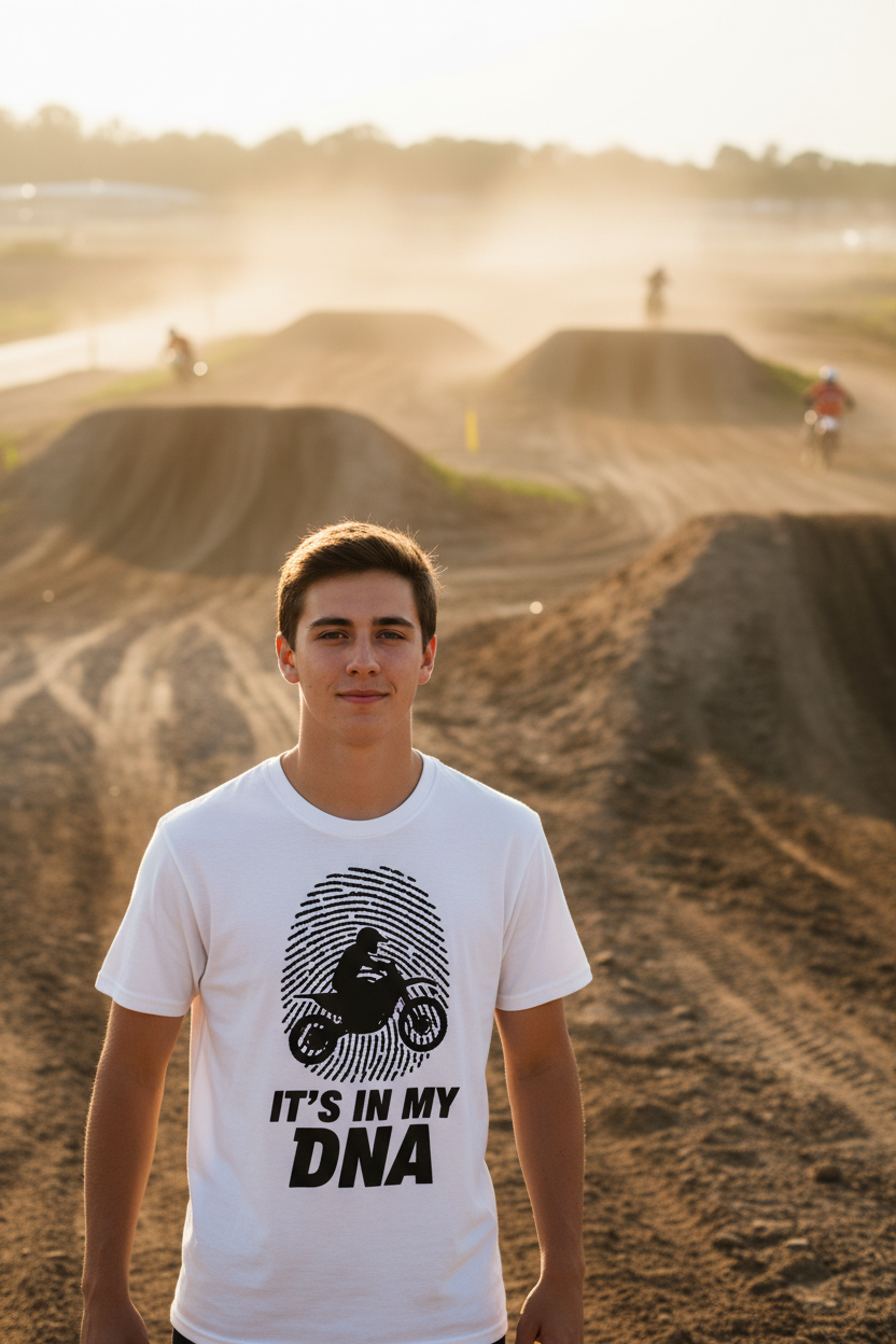 Person wearing It's In My DNA motocross tee at outdoor dirt bike track