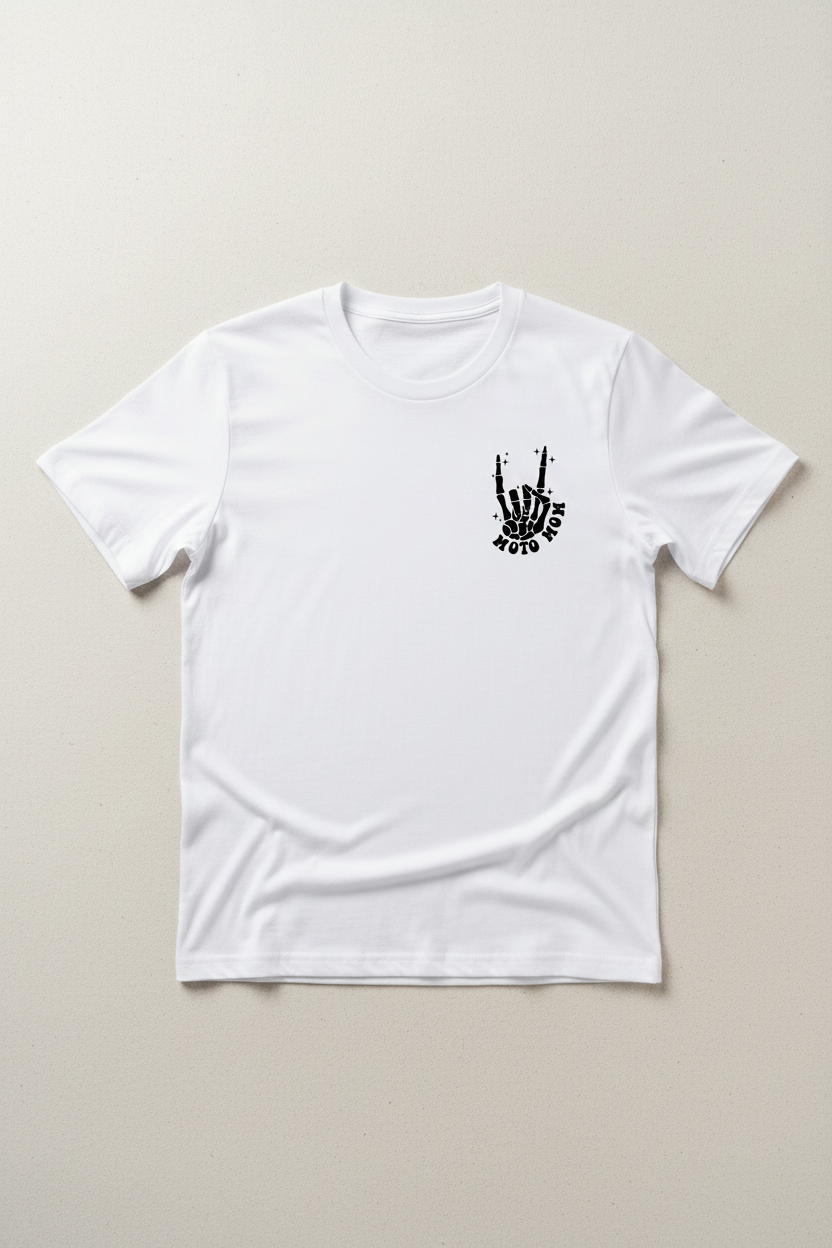 Moto Mom skeleton rock hand pocket logo on front left chest of white t-shirt