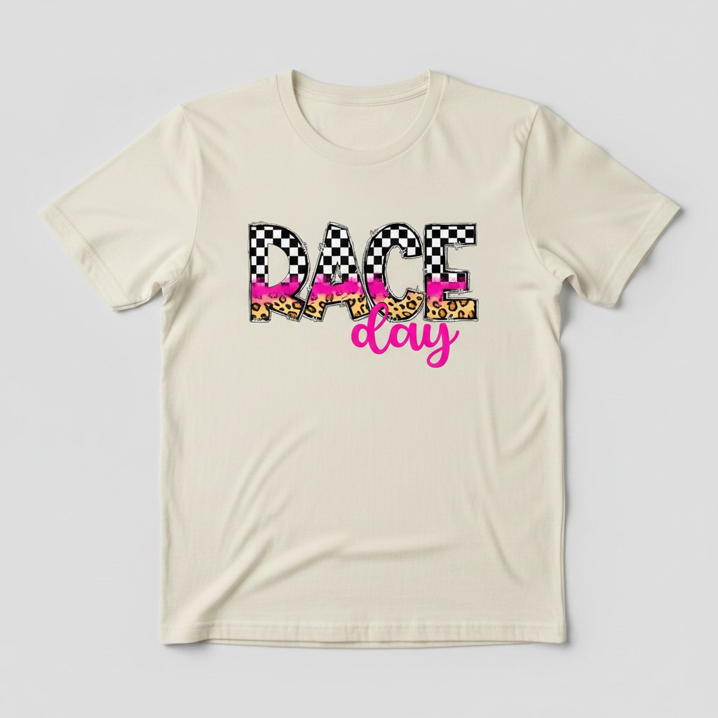 Race Day tee flat lay on ivory shirt
