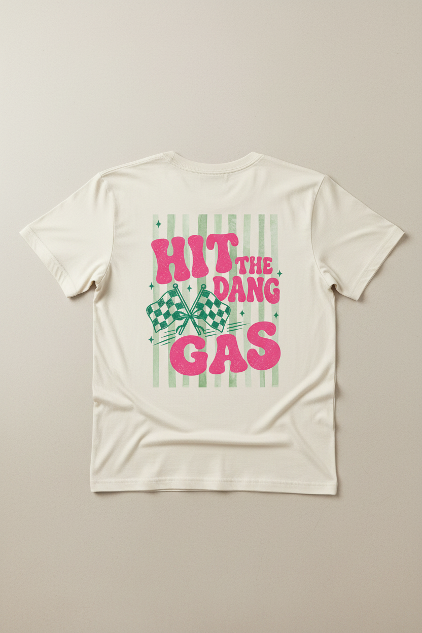 Hit the Dang Gas bold pink retro full back print on cream t-shirt