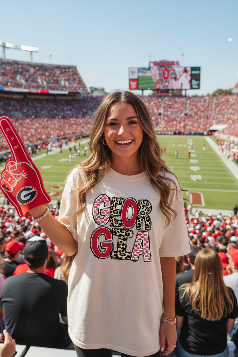 Woman at college football game wearing Georgia leopard football letters ivory tee