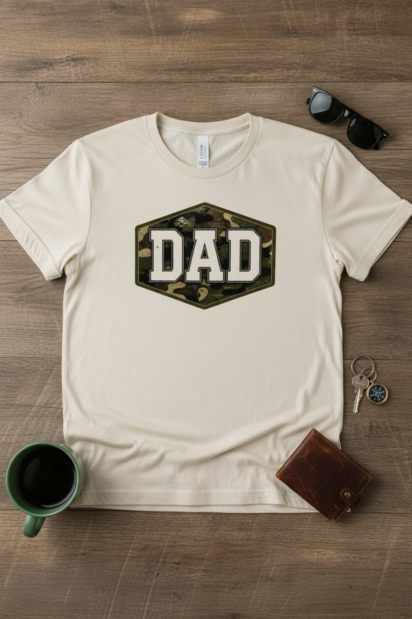 DAD Camo Badge T-Shirt styled with Father's Day props on rustic wood surface