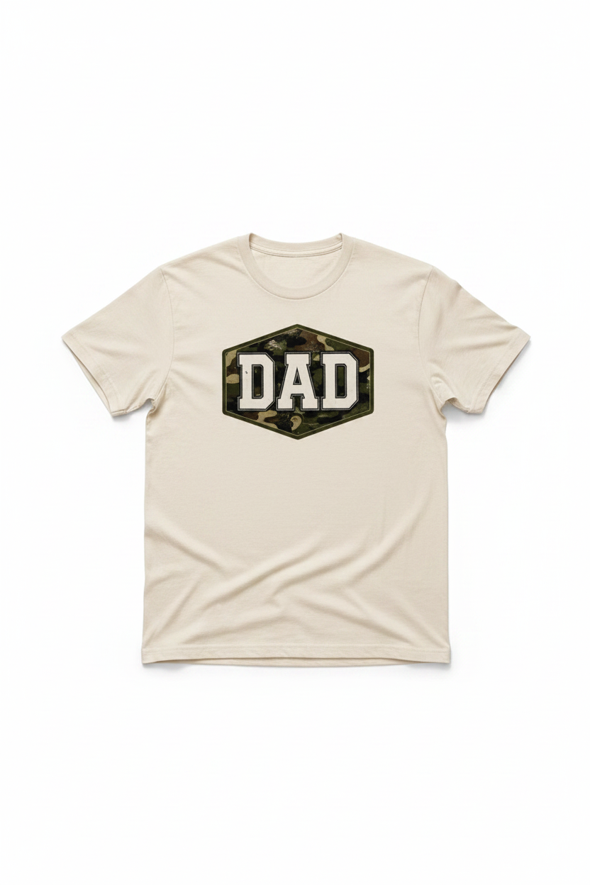 DAD Camo Badge T-Shirt flat lay on white background