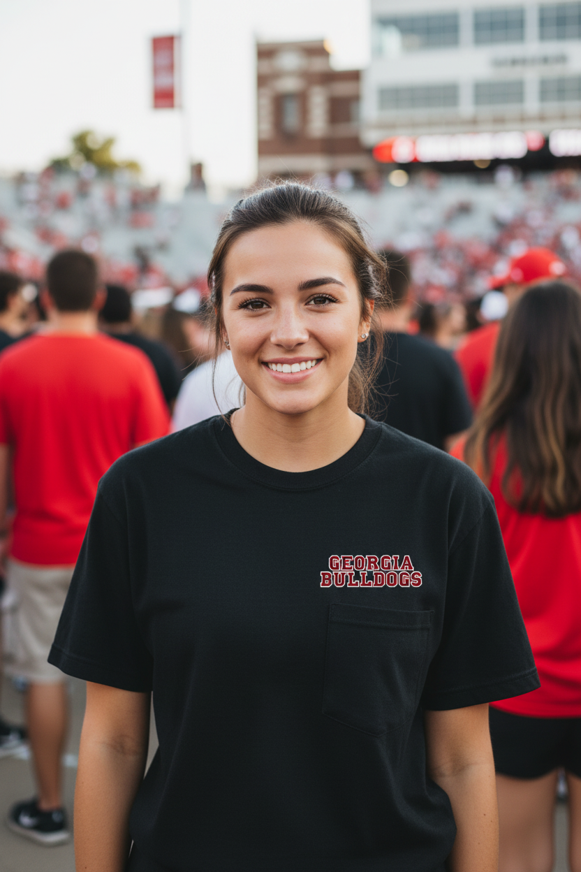 Front view of Georgia Bulldogs left chest print on black tee