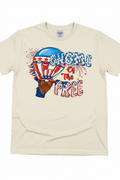 Gnome of the Free T-Shirt flat lay on natural ivory tee showing gnome in patriotic hot air balloon