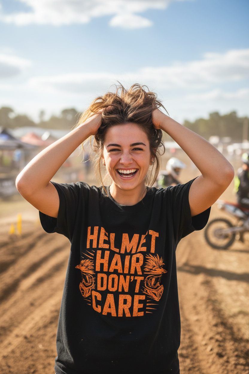 Woman with helmet hair wearing Helmet Hair Don't Care black tee at motocross event