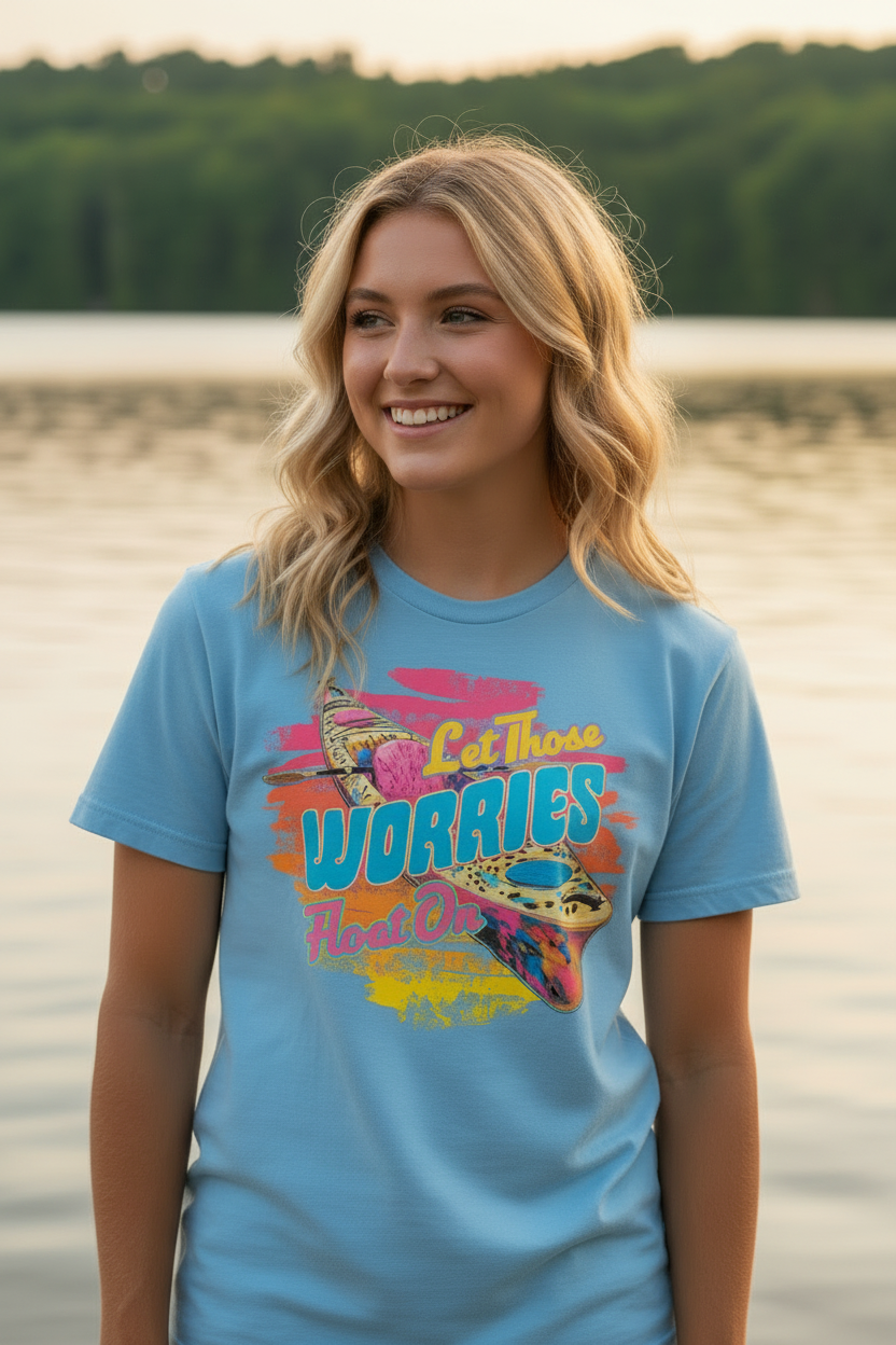 Let Those Worries Float On - female lifestyle mockup light blue tee