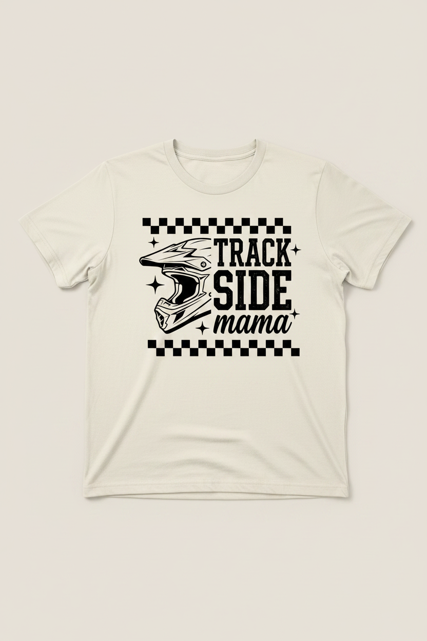 Trackside Mama motocross helmet graphic on cream t-shirt