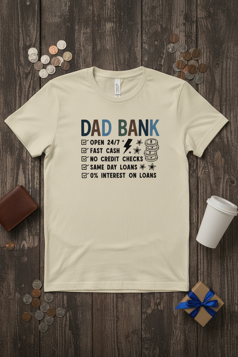 Dad Bank T-Shirt styled with wallet, coins, and coffee cup on rustic wood