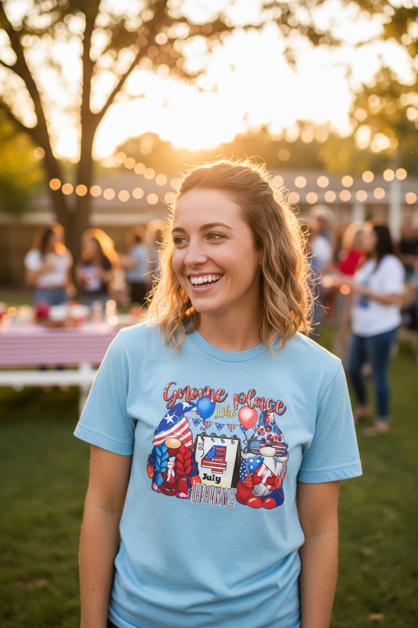 Woman wearing Gnome Place Like Home 4th of July T-Shirt in light blue at a sunny 4th of July celebration