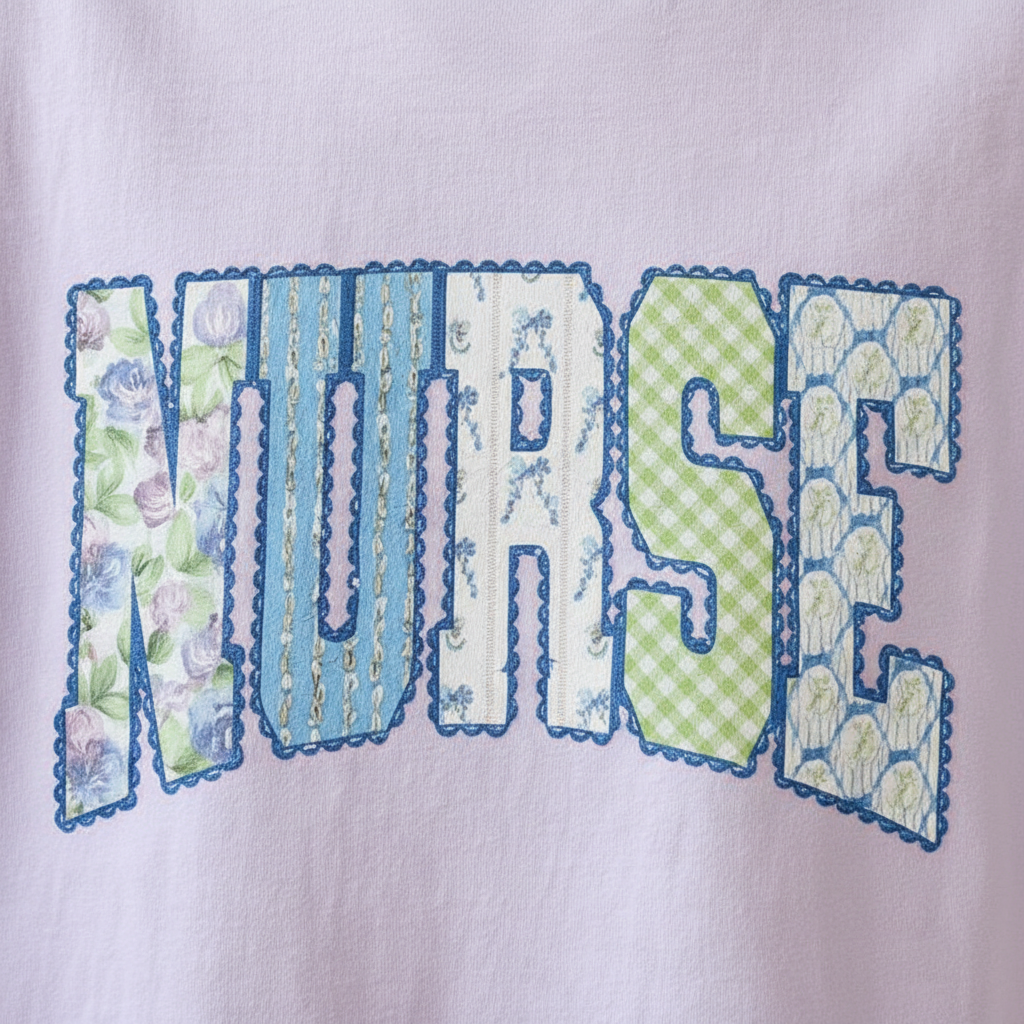 Close-up of NURSE patchwork appliqué graphic on lavender tee showing DTF print texture