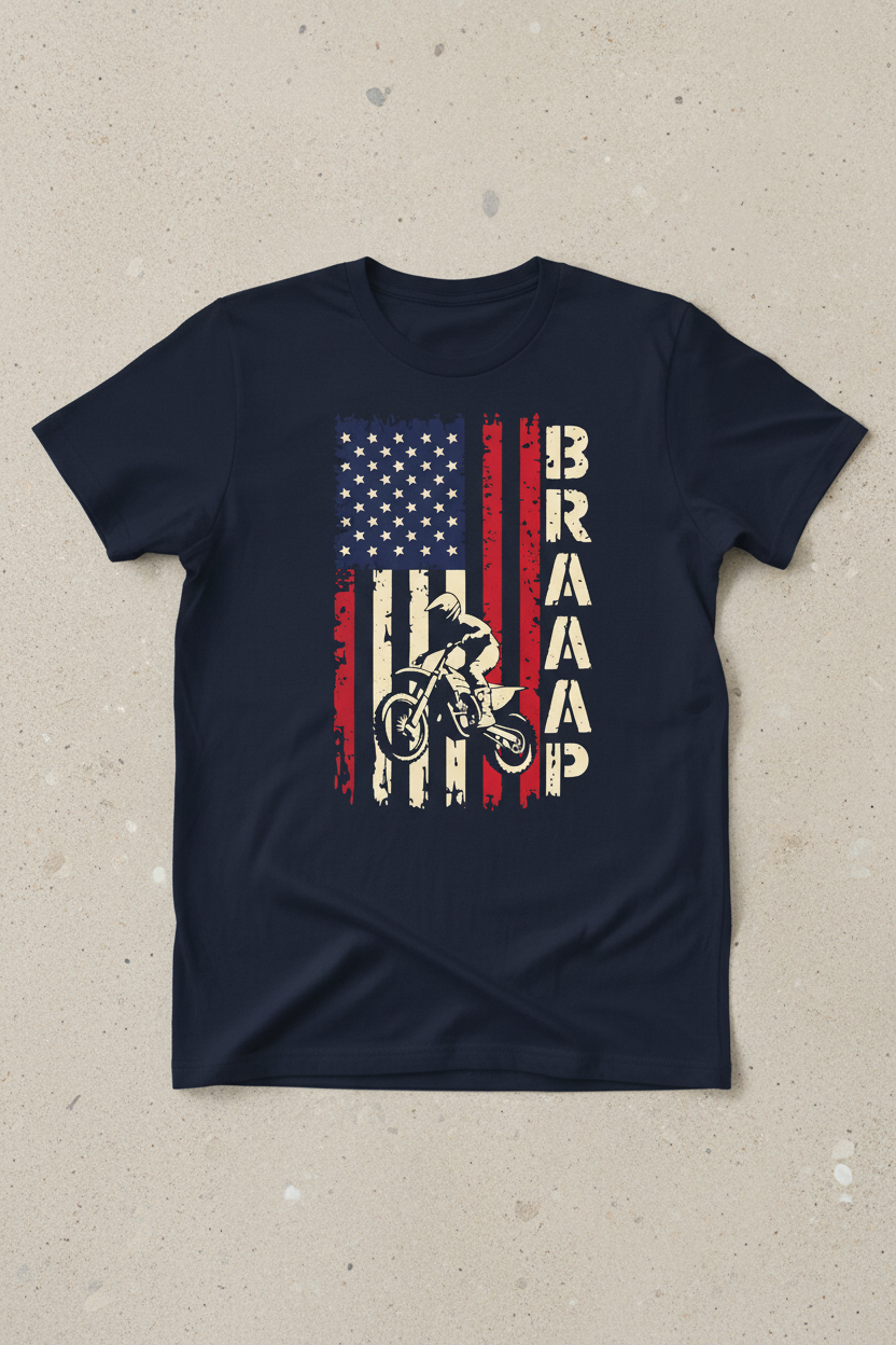 BRAAAP American flag dirt bike graphic on navy t-shirt