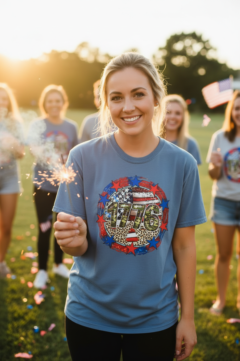 Woman wearing 1776 Camo Star T-Shirt in dusty blue at a sunny 4th of July celebration