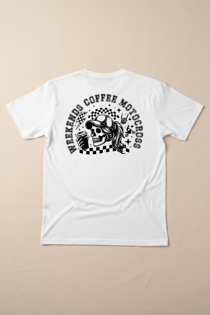 Weekends Coffee Motocross skull moto girl full back print on white t-shirt