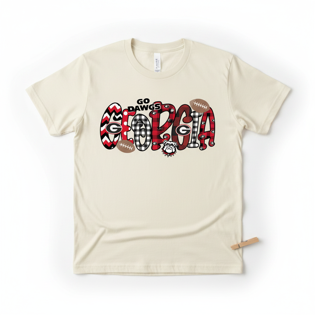 Go Dawgs Georgia spirit tee flat lay on ivory shirt