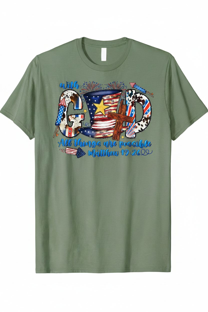 With GOD All Things Are Possible T-Shirt flat lay on sage green tee